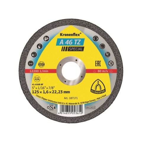 TARCZA PŁASKA A46TZ T1A 125*1.6*22 187171 TARCZA PŁASKA A46TZ T1A 125*1.6*22 187171