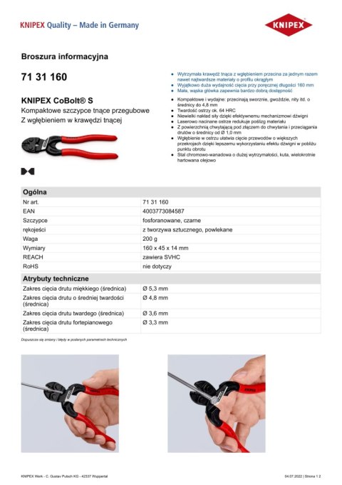 KOMPAKTOWE SZCZYPCE TNĄCE PRZEGUBOWE COBOLT 160MM KOMPAKTOWE SZCZYPCE TNĄCE PRZEGUBOWE COBOLT 160MM