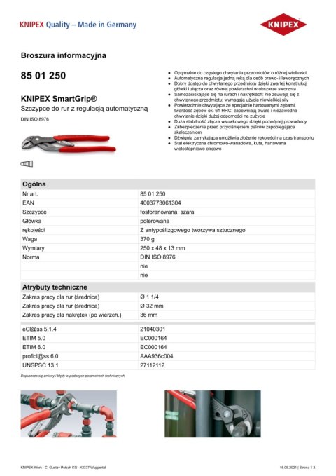 SZCZYPCE DO RUR KNIPEX SMARTGRIP 250MM SZCZYPCE DO RUR KNIPEX SMARTGRIP 250MM
