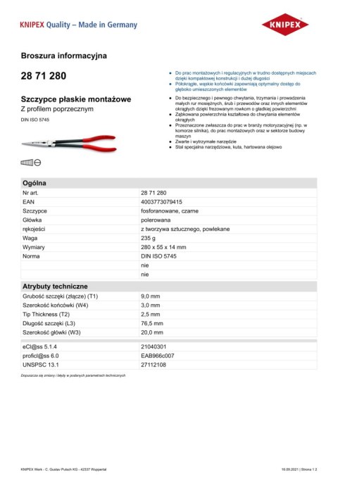 SZCZYPCE PŁASKIE MONTAŻOWE Z PROFILEM POPRZECZNYM WYG.280MM SZCZYPCE PŁASKIE MONTAŻOWE Z PROFILEM POPRZECZNYM WYG.280MM