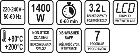 FRYTKOWNICA BEZTŁUSZCZOWA 1400W, 3.2L. PANEL LED FRYTKOWNICA BEZTŁUSZCZOWA 1400W, 3.2L. PANEL LED