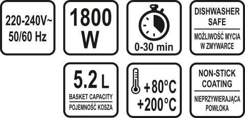 FRYTKOWNICA BEZTŁUSZCZOWA 1800W, 5.2L. FRYTKOWNICA BEZTŁUSZCZOWA 1800W, 5.2L.