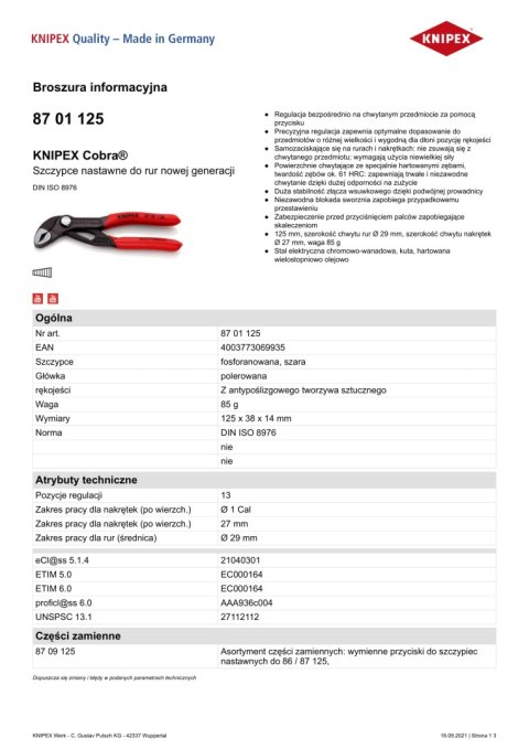 SZCZYPCE DO RUR COBRA 125MM SZCZYPCE DO RUR COBRA 125MM