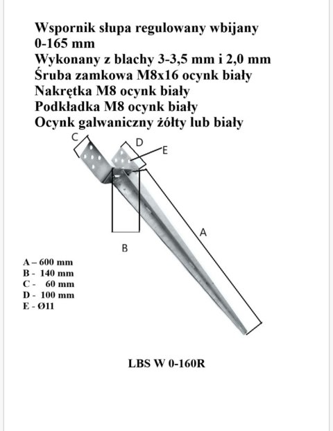 PODSTAWA SŁUPA WBIJANA REGULOWANA 0-165*700 MM PODSTAWA SŁUPA WBIJANA REGULOWANA 0-165*700 MM