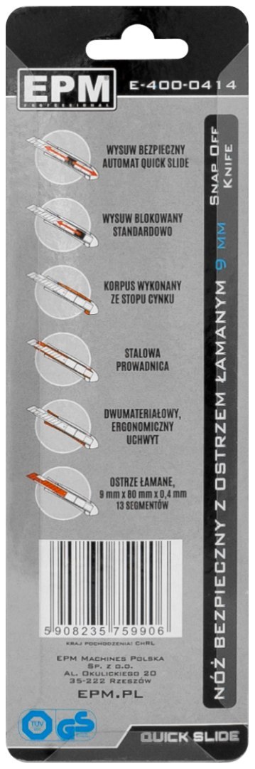 NÓŻ, NOŻYK Z OSTRZEM ŁAMANYM ALUMINIOWY BEZPIECZNY 9MM NÓŻ, NOŻYK Z OSTRZEM ŁAMANYM ALUMINIOWY BEZPIECZNY 9MM