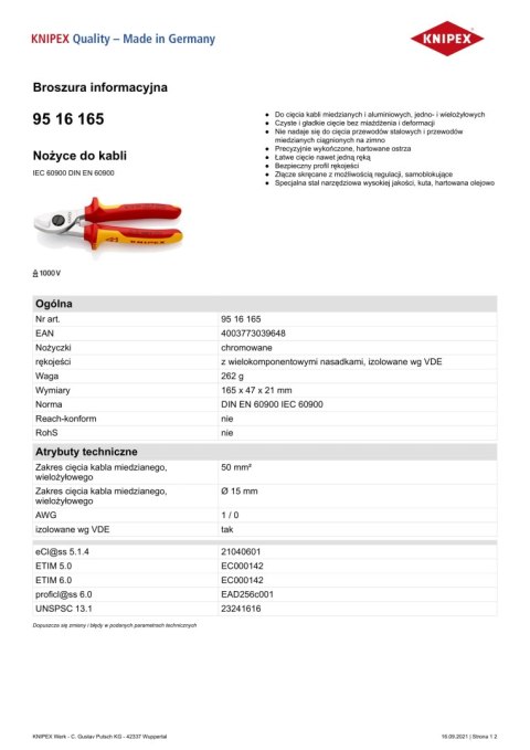 NOŻYCE DO KABLI IZOLOWANE 1000V 165MM NOŻYCE DO KABLI IZOLOWANE 1000V 165MM