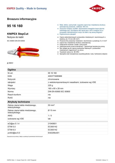 NOŻYCE DO KABLI IZOLOWANE 1000V 160MM NOŻYCE DO KABLI IZOLOWANE 1000V 160MM