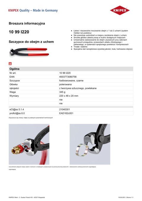 SZCZYPCE DO MONTAŻU OPASEK ZACISKOWYCH OETIKER 220MM SZCZYPCE DO MONTAŻU OPASEK ZACISKOWYCH OETIKER 220MM
