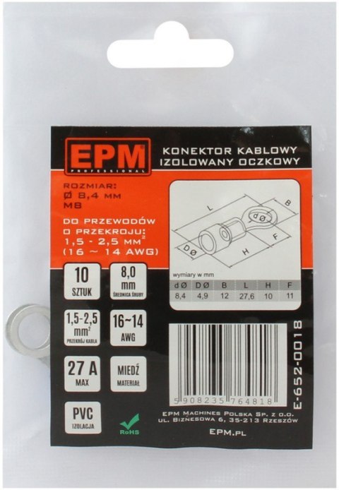 KOŃCÓWKA OCZKOWA IZOLOWANA 1.5-2.5MM 2/8MM 10 SZTUK KOŃCÓWKA OCZKOWA IZOLOWANA 1.5-2.5MM 2/8MM 10 SZTUK