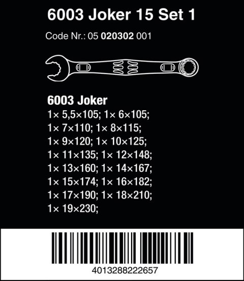 ZESTAW KLUCZY PŁASKO-OCZKOWYCH 6003 JOKER 15SZT. ZESTAW KLUCZY PŁASKO-OCZKOWYCH 6003 JOKER 15SZT.